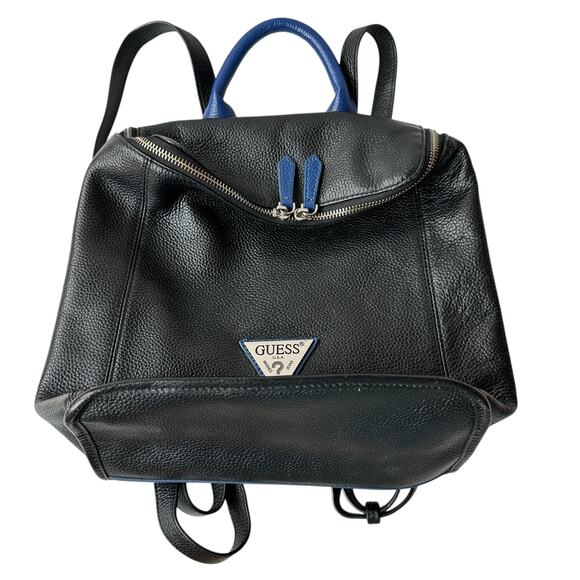 Guess Backpack Black Blue Pebbled Leather Silver Metal Logo Bag 10"x11.75"x4" - Picture 2 of 13